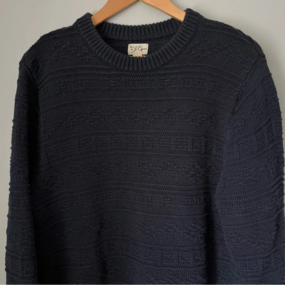 J. Crew Guernsey Combination Stitch Navy Blue Knit Crewneck Sweater Size Large